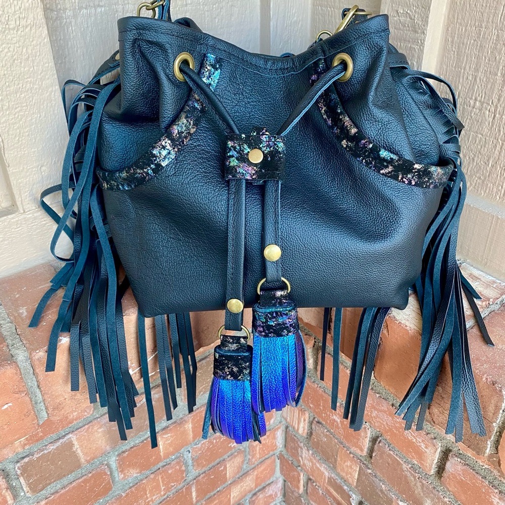 Leather fringe bucket bag